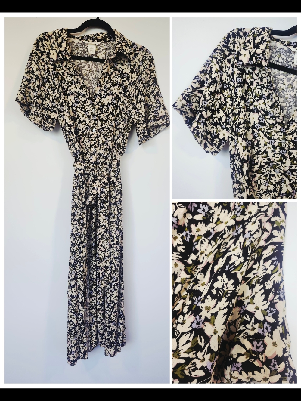 H&M Floral Wrap Maxi Dress in Black Cream Lilac Kaki Size Small